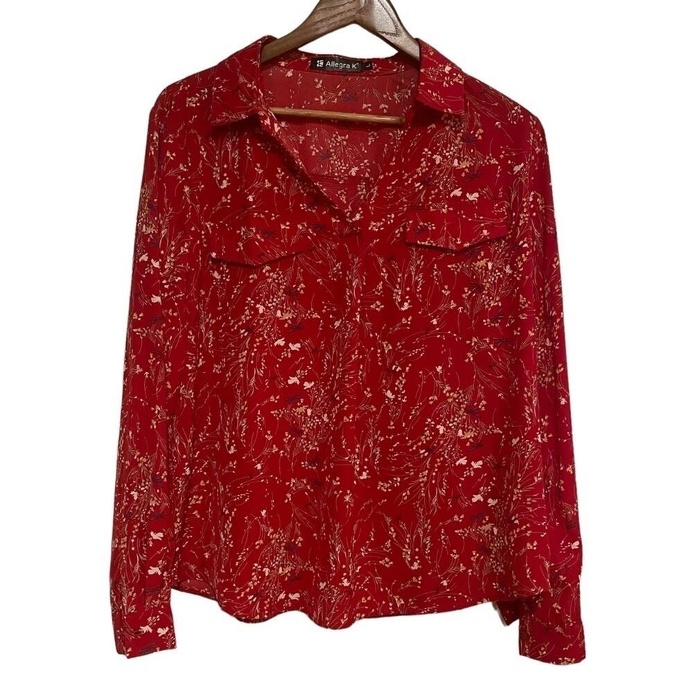Allegra K Floral Multi Color/Red Long Sleeve Blouse/ Polyester /Sz Large
